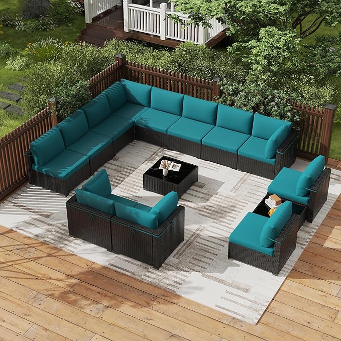 KIGOTY Patio Furniture Set, 14 Pieces Modular Outdoor Sectional Sofa, PE Rattan