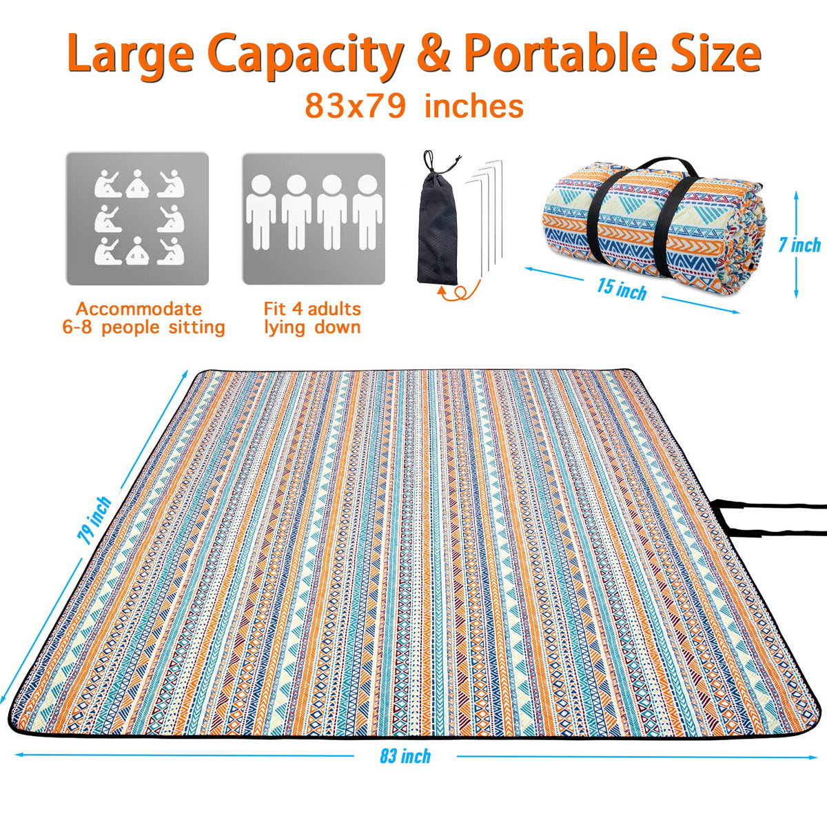 PY SUPER MODE Picnic Blankets Extra Large, Waterproof Foldable Outdoor Beach Blanket Oversized 83x79” Sandproof, 3-Layer Picnic Mat for Camping, Hiking, Travel, Park, Concerts(Orange Boho)