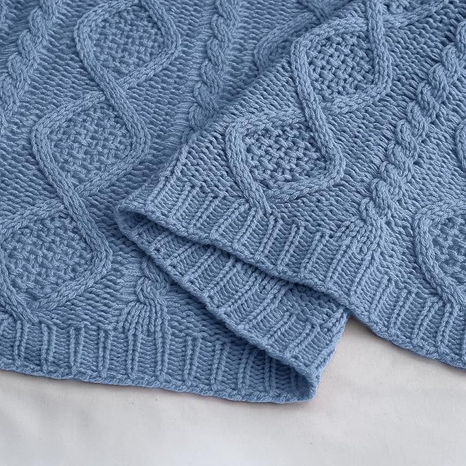 Homiest Dusty Blue Cable Knit Throw, 60 x 80 Inch, Lightweight Acrylic Knitted