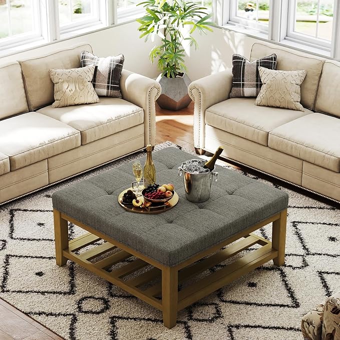 Befurtori Large Square Ottoman Coffee Table, Linen Solid Upholstered Footrest