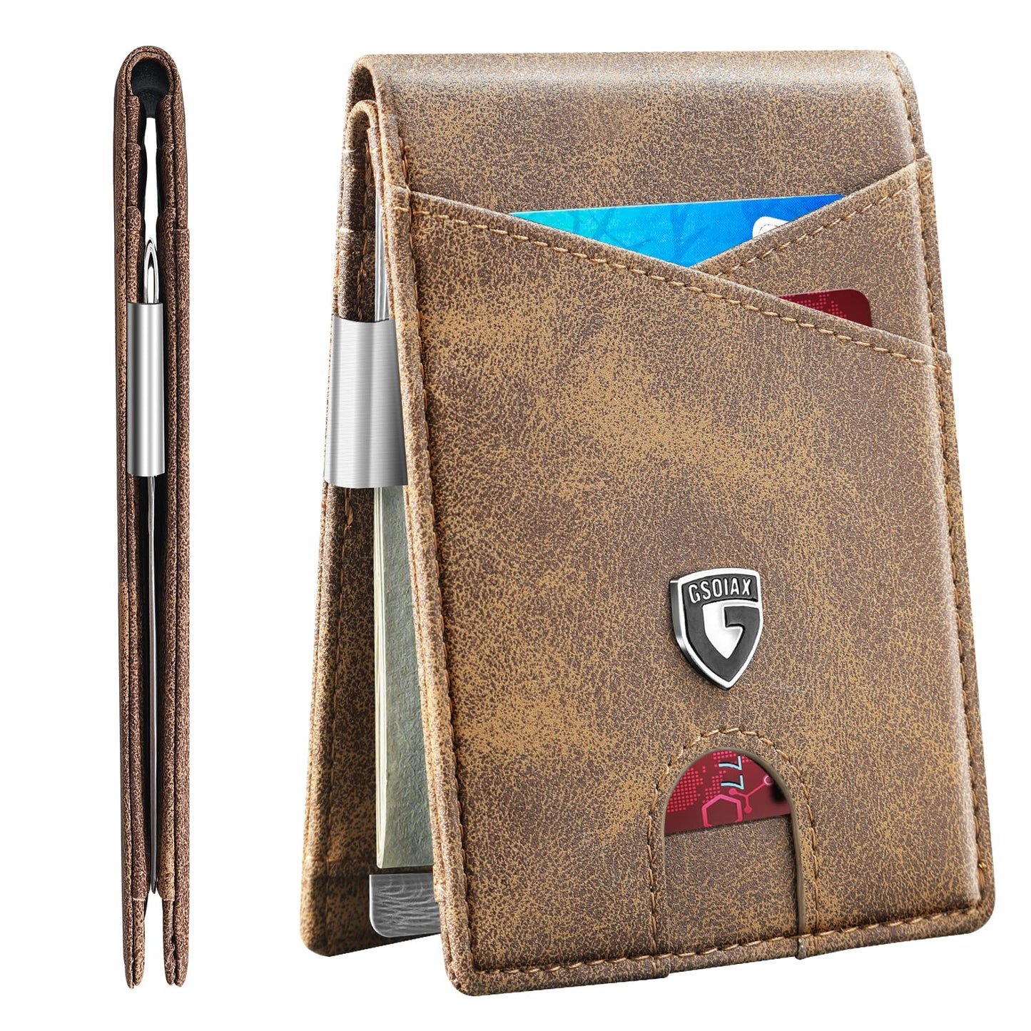 GSOIAX Slim Leather RFID Bifold Wallet for Men Minimalist Front Pocket Wallet with Money Clip,12 Card Slots,ID Window,Cool Groove Design,Includes Gift Box(Retro Brown)