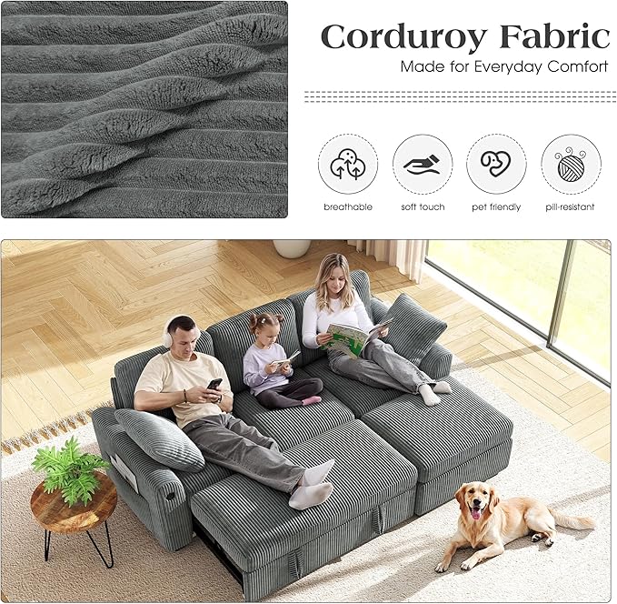 Ihanherry 81-inch Corduroy Modular Sectional Sofa Bed