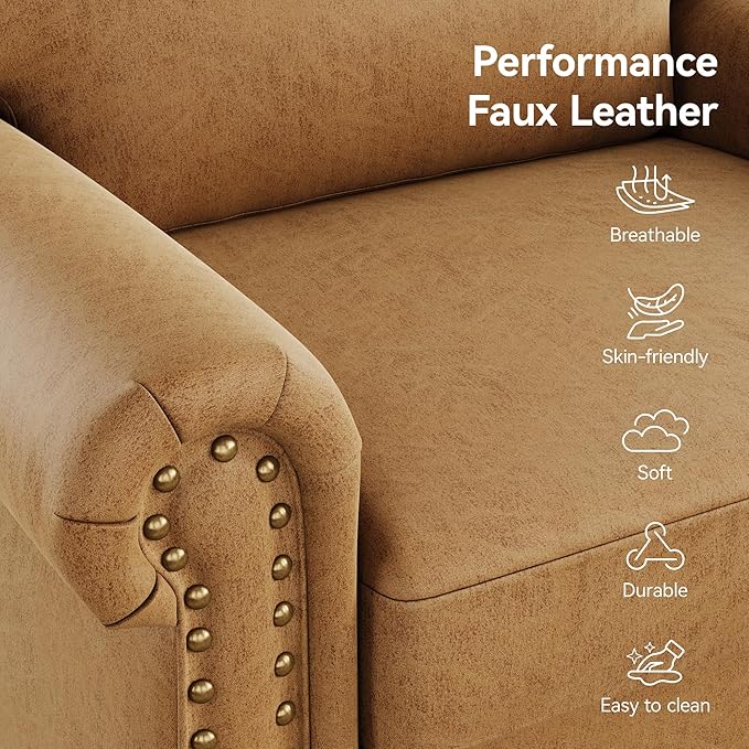 Nailhead Trim Accent Chair, Faux Leahter Mid Century Modern Living Room Arm