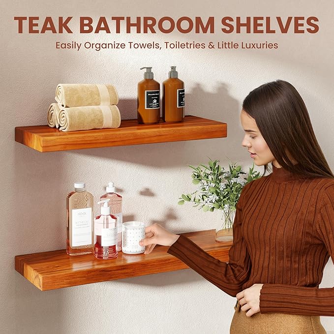 55" Solid Teak Floating Wall Shelf