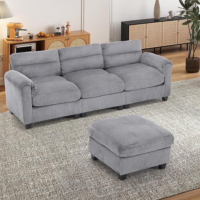HAOMARKETS Corduroy 2-Piece Sofa Set, Upholstered Ottoman and 3-Seater Sofa