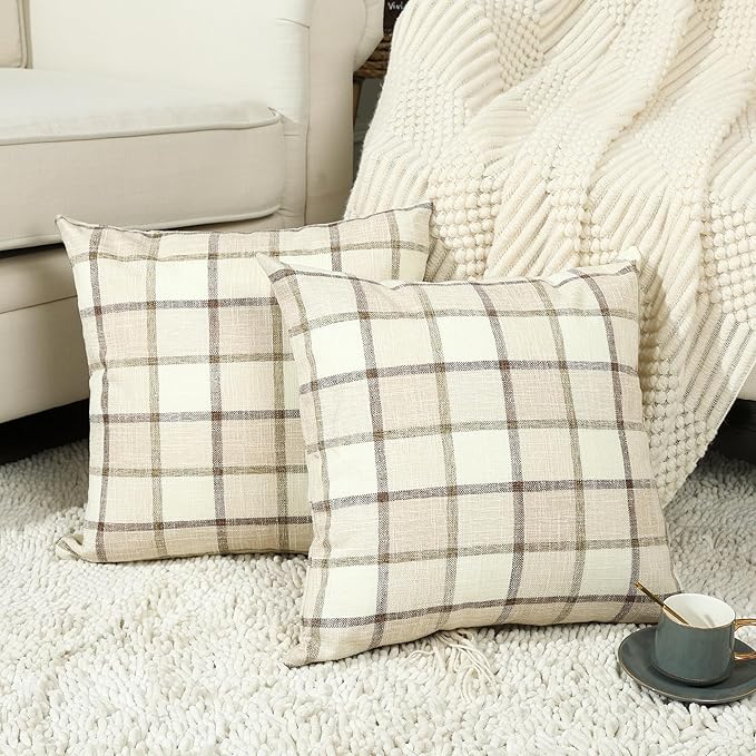 Stellhome Pack of 2 Faux Linen Buffalo Check Throw Pillow Covers, Farmhouse