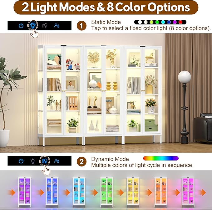 UNICOLY Display Cabinet with Glass Doors, Glass Display Cabinet with 8 Color