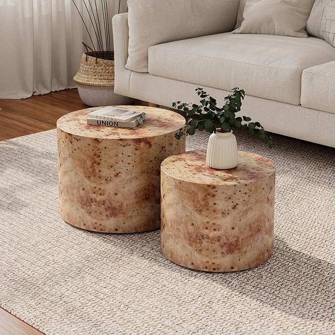 Nesting Coffee Table Set of 2 for Living Room, Modern Round Wooden Circle