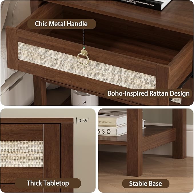 Xixini Nightstand wih 2 Drawers & Open Shelf, Small Mid Century Modern Night