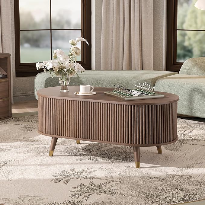 SULIVES Oval Coffee Table with Storage, Small Fluted Center Table