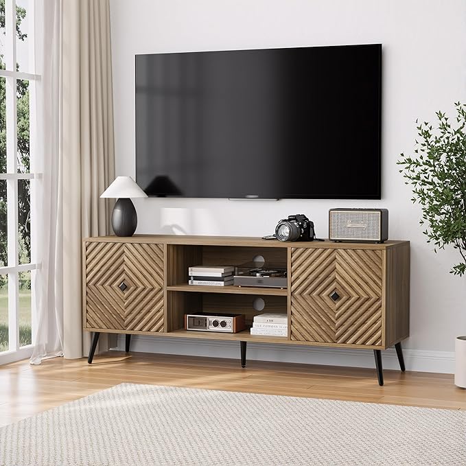 Smuxee Walnut TV Stand with Fluted Diamond Doors, 55.12" Mid Century Modern TV