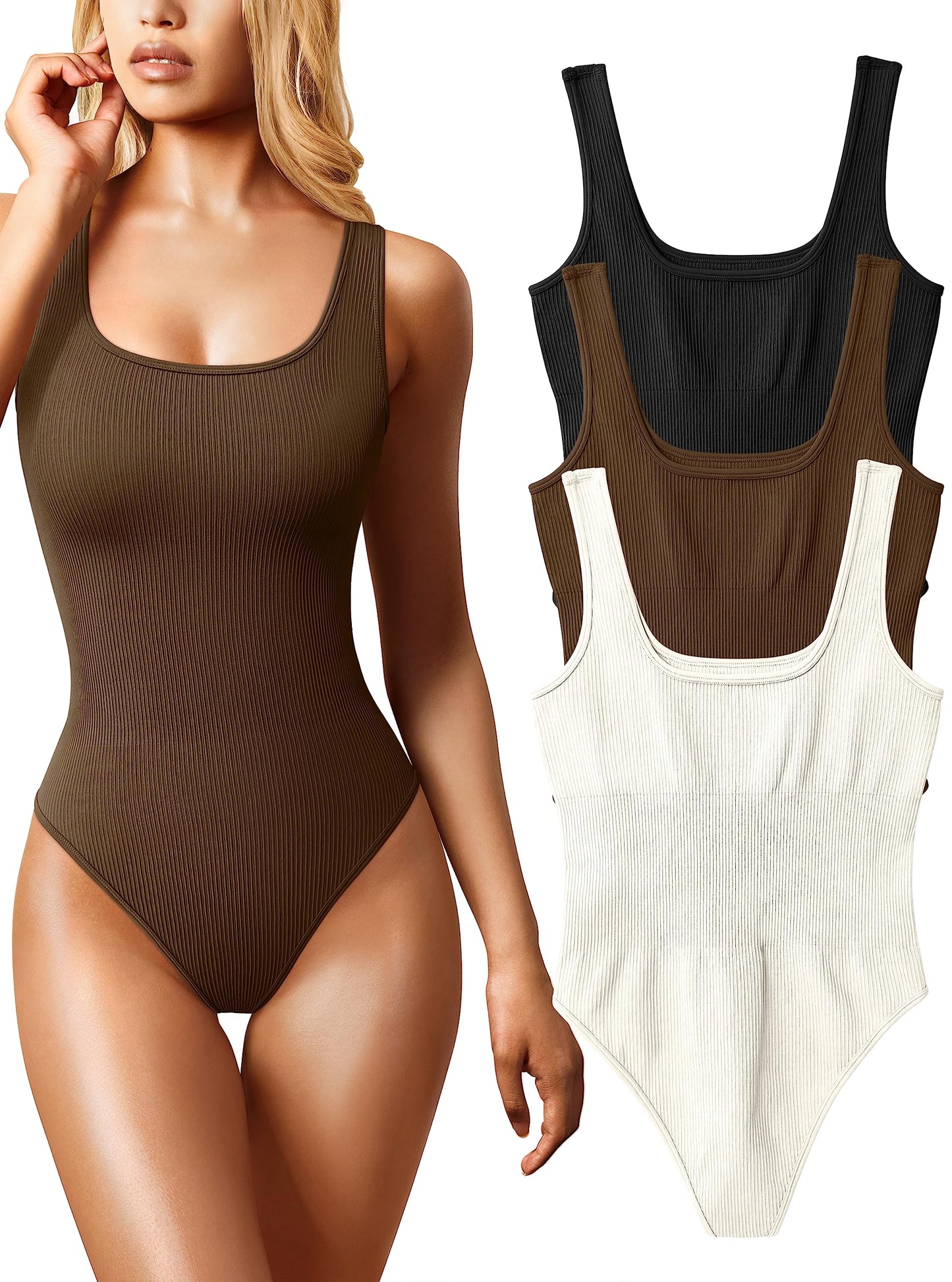 OQQ Women's 3 Piece Bodysuits Sexy Ribbed Sleeveless Square Neck Tank Tops Leotard 2025 Trendy Outfits Black Coffee Beige