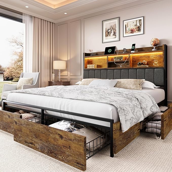 LARMACE Queen Bed Frame with 6 Storage Drawers, Bed Frame Queen Size with Linen