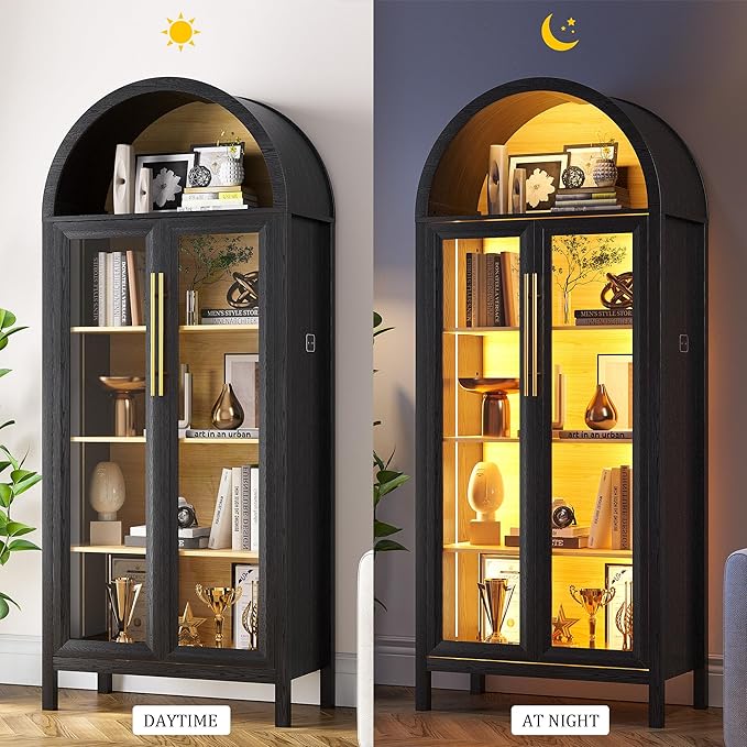 HWB Display Cabinet with Glass Doors, 5-Tier Tall Curio Cabinet with Lights