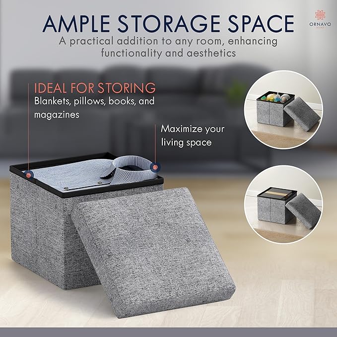 Ornavo Home Small Storage Ottoman Foldable Collapsible Cube Square Linen