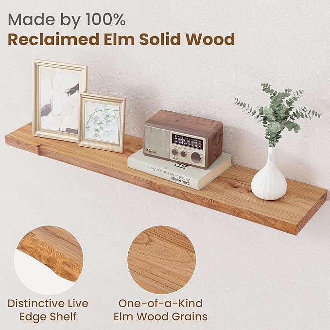 Floating Shelves for Wall Decor, Rustic Solid Elm Wood Live Edge Floating