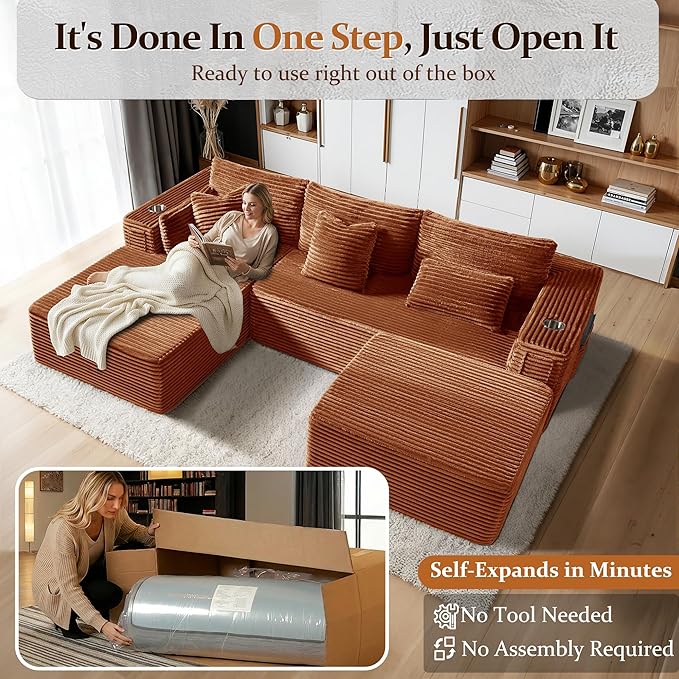 108" Cloud Sectional Couch, Comfort U Shaped Boneless Couch