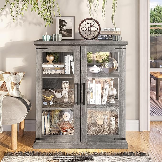 BELLEZE Storage Cabinet with Shelves and Glass Doors