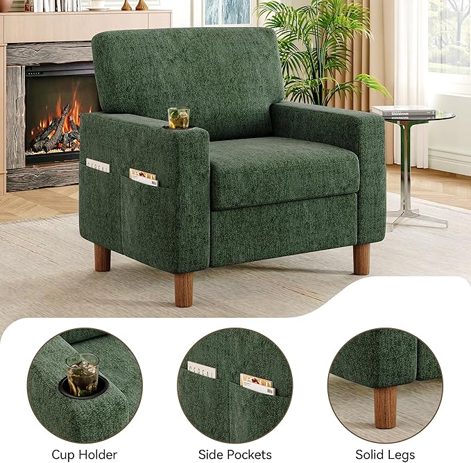 Mid Century Modern Accent Chairs Set of 2, Chenille Comfy Living Room Arm Chairs