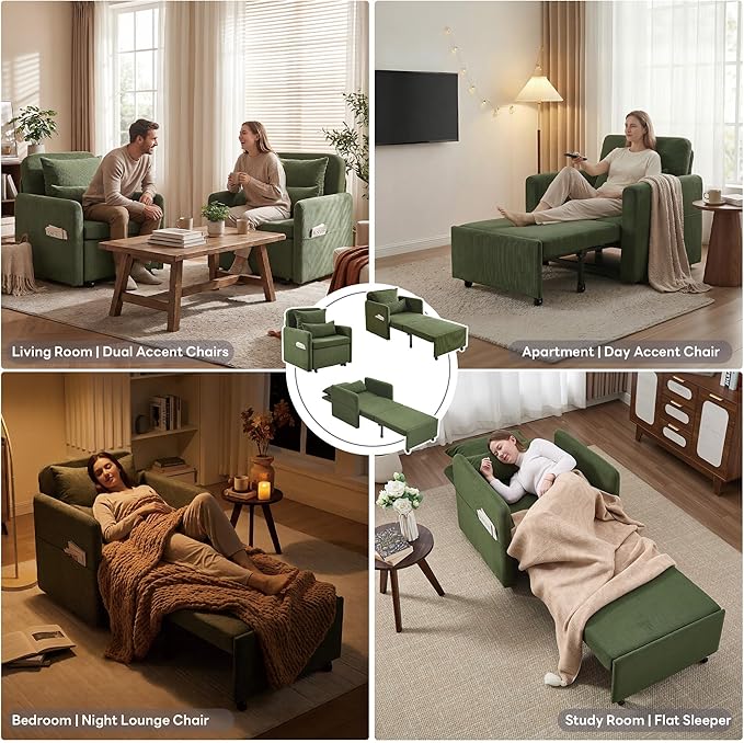Iroomy 5-Level Adjustable Convertible Sleeper Chair, 3-in-1 Corduroy Pull Out