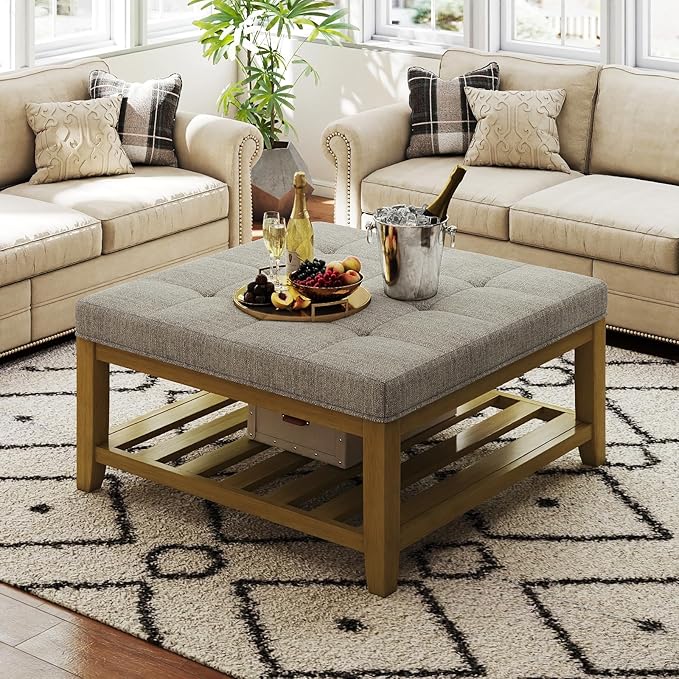 Befurtori Large Square Ottoman Coffee Table, Linen Solid Upholstered Footrest