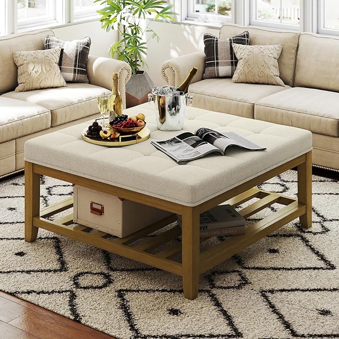 Befurtori Large Square Ottoman Coffee Table, Linen Solid Upholstered Footrest