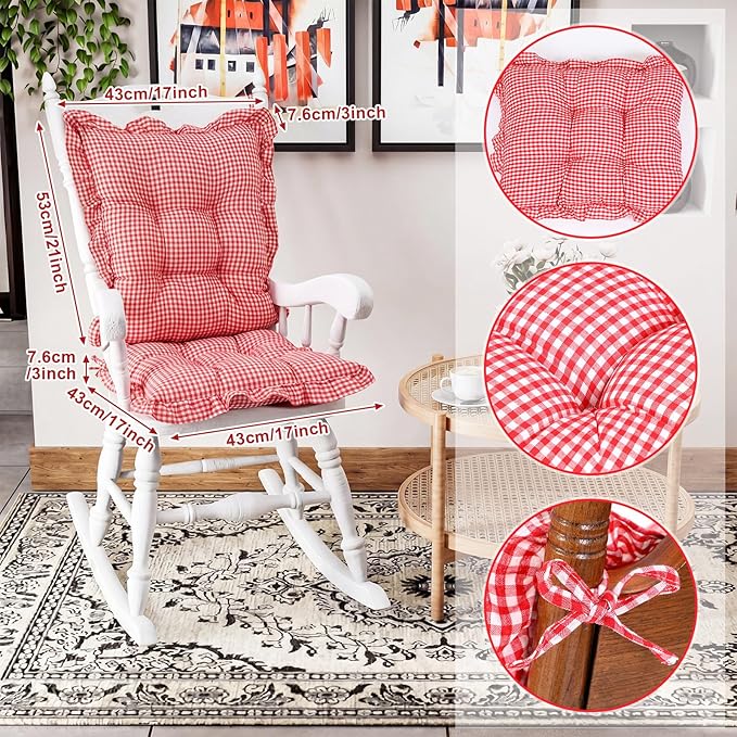 Lewtemi 2 Set Red Gingham Rocking Chair Cushion Village Ruffled Rocking Chair