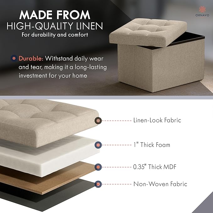 Ornavo Home Small Storage Ottoman Foldable Collapsible Rectangle Linen Ottoman