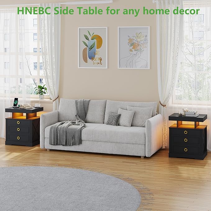 HNEBC Night Stand Set 2 with Gun Drawers, Farmhouse Nightstand with Charging