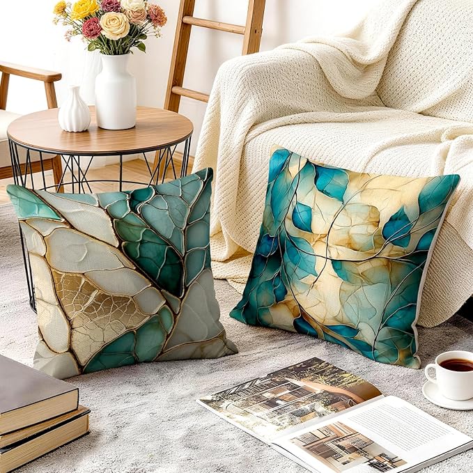 OBSEDE Teal and Gold Leaf Decorative Throw Pillow Covers 18x18 Set of 4