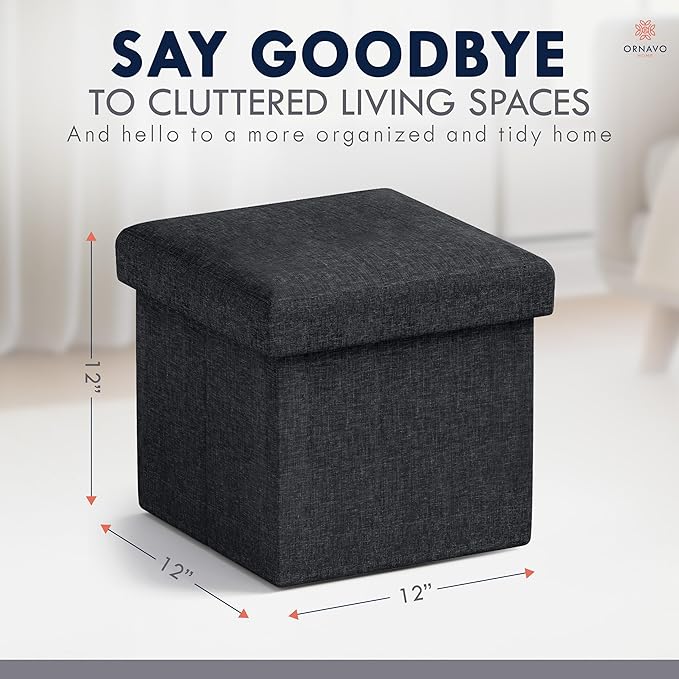 Ornavo Home Small Storage Ottoman Foldable Collapsible Cube Square Linen