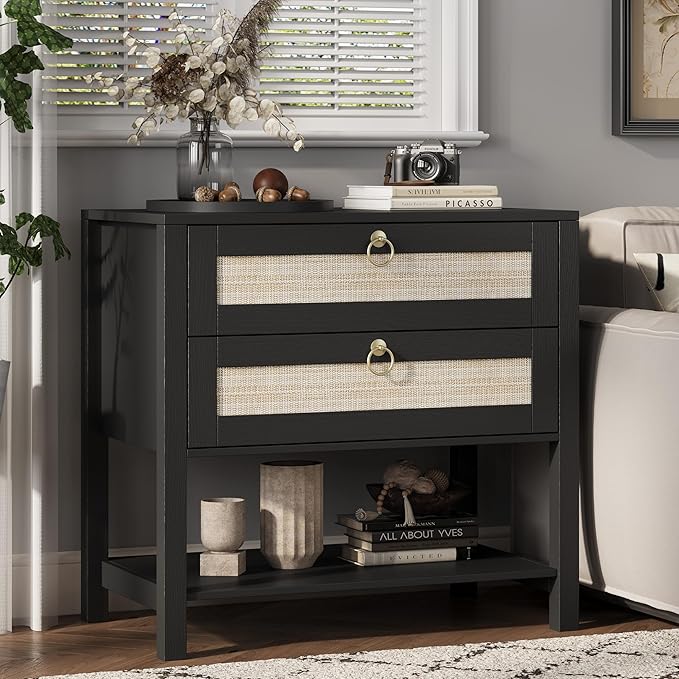 Xixini Nightstand Set of 2, Rattan Boho Bedside Table
