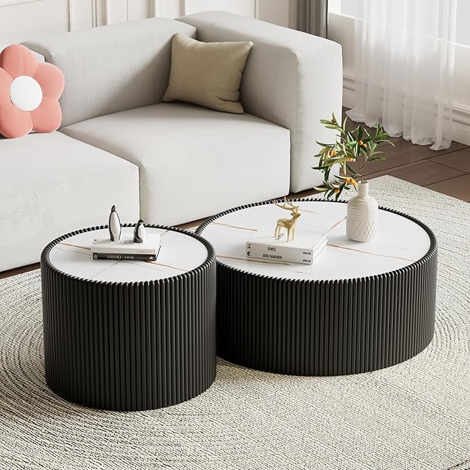 SSLine Round Drum Coffee Table Set of 2 Modern Sintered Stone Top Nesting