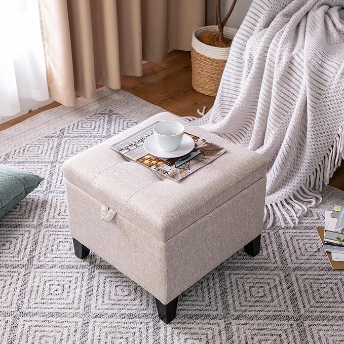 Adeco 18 Inch High Cube Ottoman Storage, Linen Chair Foot Stools, Upholstered