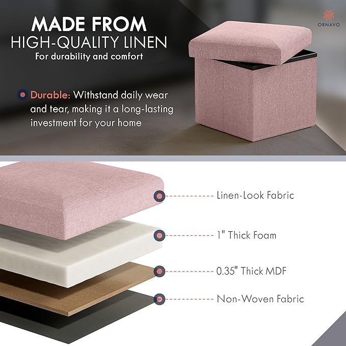 Ornavo Home Small Storage Ottoman Foldable Collapsible Cube Square Linen