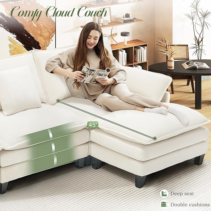 Cloud Couch, Deep Seat Couches for Living Room, Bedroom and Apartment, L Shaped