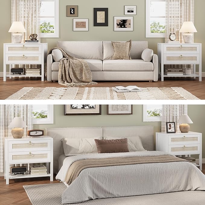 Xixini Nightstand Set of 2, Rattan Boho Bedside Table