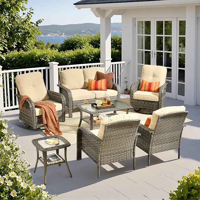 Weaxty 7 Pieces Patio Furniture Set, Wicker Outdoor Swivel Rocking Chairs