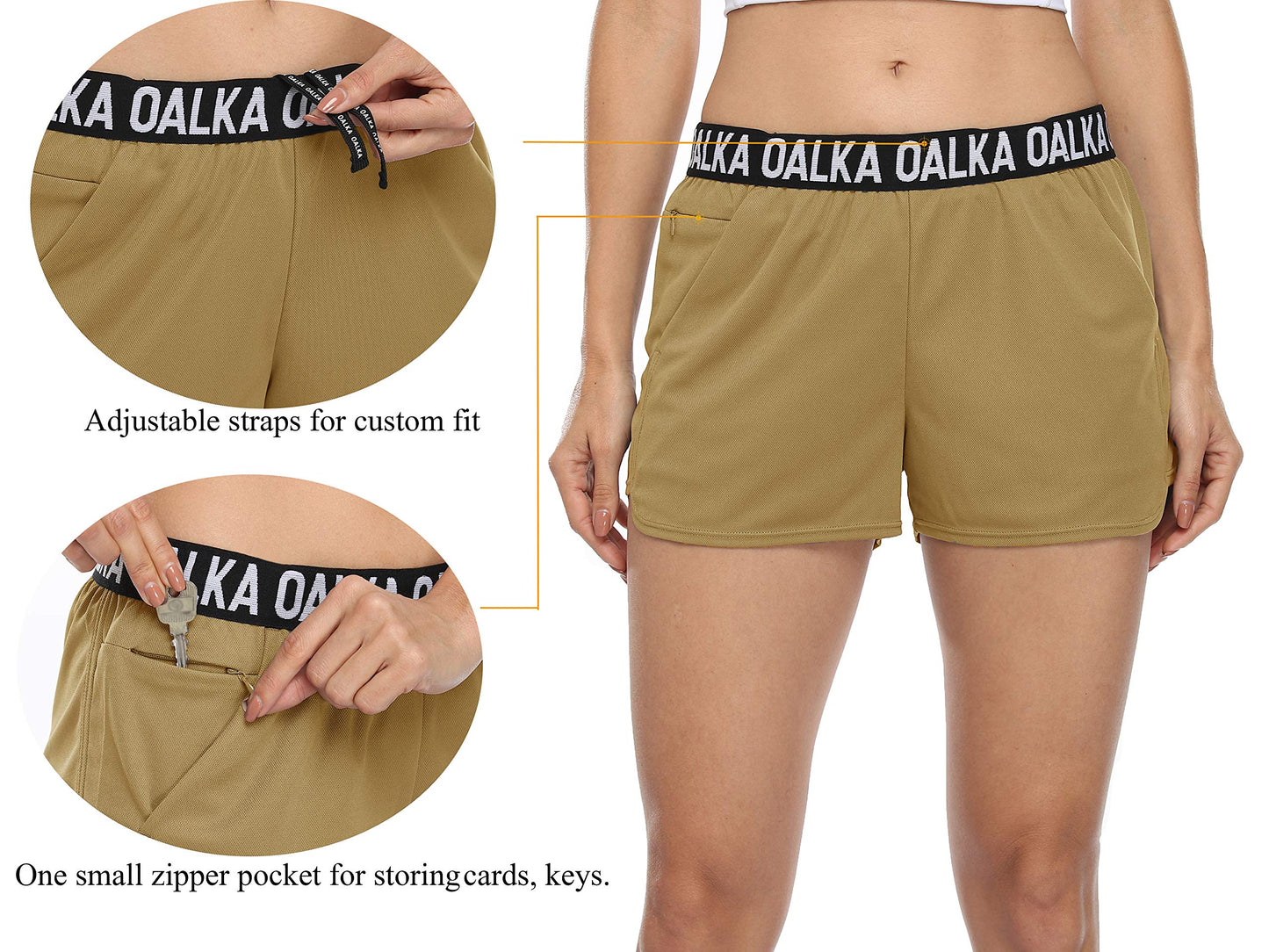 Oalka Women's Running Shorts Out Side Pockets Sports Athletic Workout Fittness Lightweight Gym Shorts Mustard L