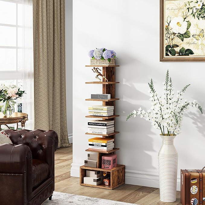 TUTOTAK Narrow Bookshelf, Vertical 8-Tier Bookcase, Spine Book Shelf