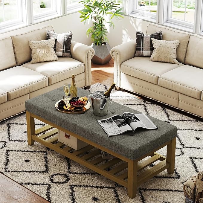 Befurtori Large Rectangular Upholstered Ottoman Bench, Linen Tufted Footrest