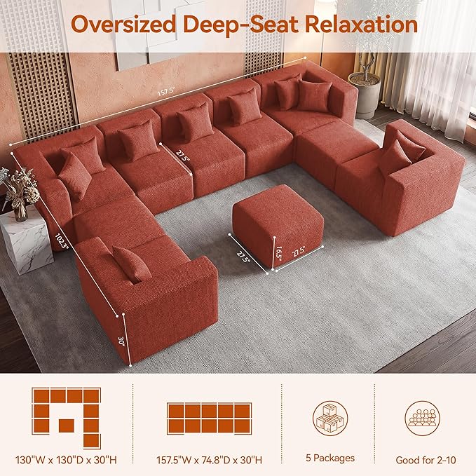 MONVANE Modular Sectional Sofa, Oversized 10 Seat Convertible U Shaped Couch