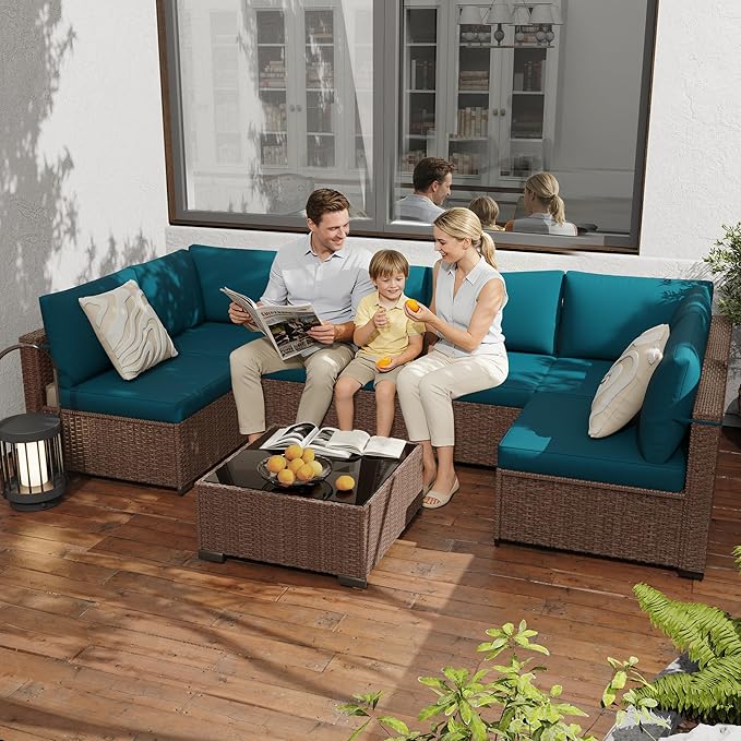 KIGOTY Patio Furniture Set, 7 Pieces Modular Outdoor Sectional Sofa, PE Rattan