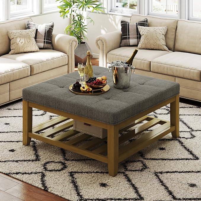 Befurtori Large Square Ottoman Coffee Table, Linen Solid Upholstered Footrest