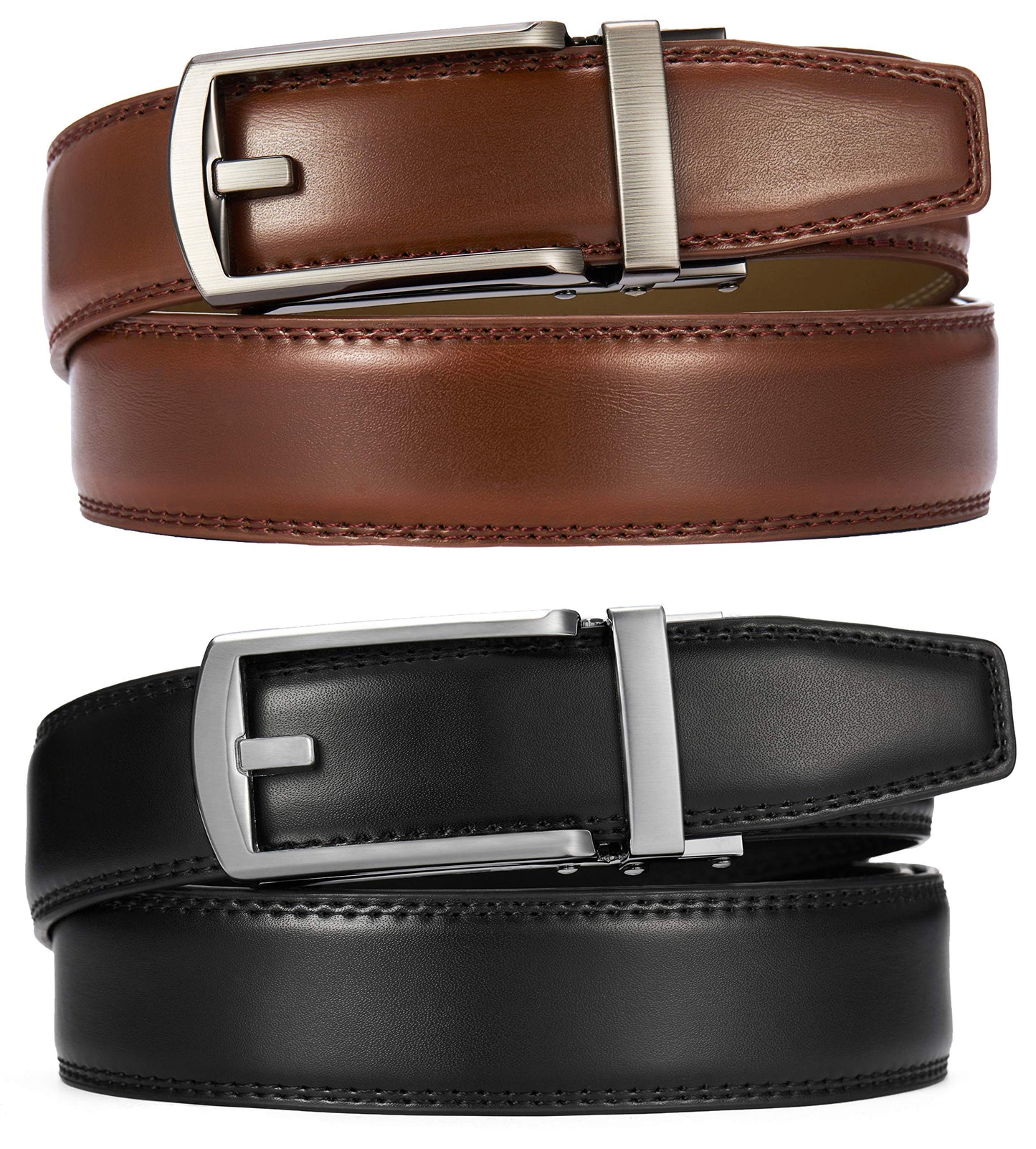 CHAOREN Men's 2 Pack Ratchet Dress Belt, 1 1/4" Black/Cognac Leather, 36" to 42" Waist Adjustable