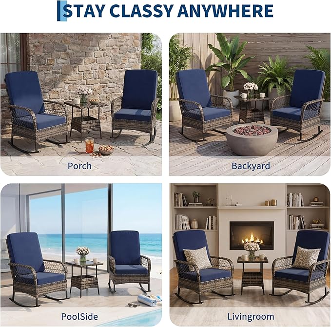 GarveeHome 3-Piece Outdoor Rocking Chair Set, Wicker Rattan Patio Furniture