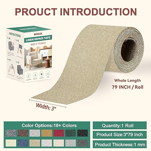 BESEZX Linen Fabric Repair Tape, 3x79 Inch Self Adhesive Repair Patches