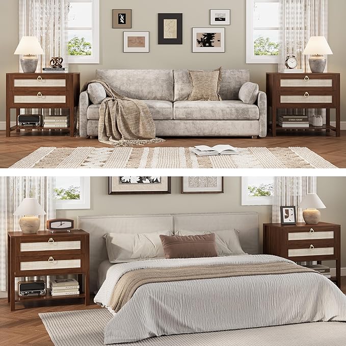 Xixini Nightstand Set of 2, Rattan Boho Bedside Table