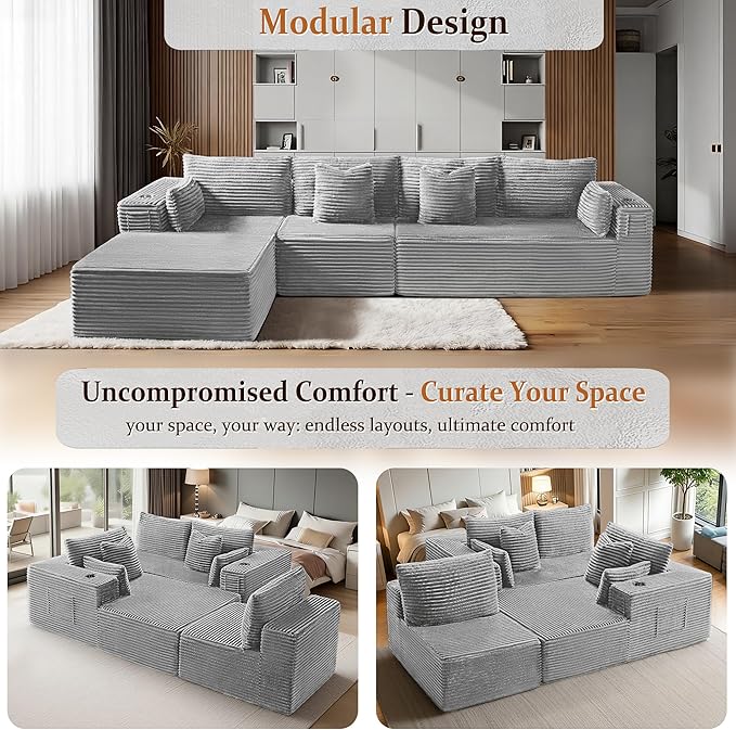 138" Oversized Cloud Sectional Couch, Comfort L Shaped Boneless Couch