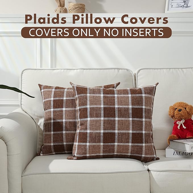 Stellhome Pack of 2 Fall Linen Buffalo Check Decorative Throw Pillow Covers
